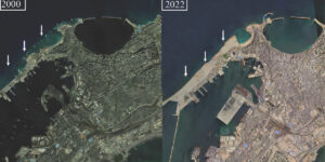 Satellite imagery compares image of Alexandria’s port in 2000 to 2022.