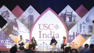 USC President Carol Folt (far right) participates in the early career alumni panel at the USC India Innovation Summit. (Photo/Little Conversations)