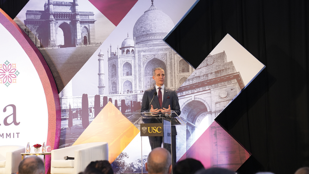 Eric Garcetti, U.S. ambassador to India and former Los Angeles mayor, speaks at the USC India Innovation Summit. (Photo/Little Conversations)