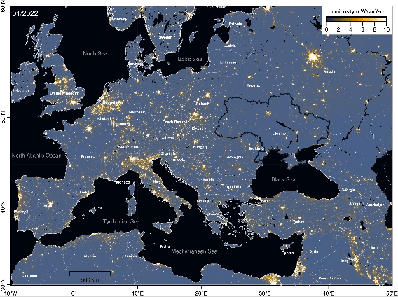 Time lapse shows average night light for Europe during 2022. Note how nighttime illumination within Ukraine diminishes as time lapse image progresses from January to December 2022. (image/Hang Xu)