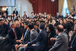 Iris Cai, a senior majoring in International Relations (global business), asks former President of Taiwan Dr. Ma Ying-jeou a question during a Q&A session.