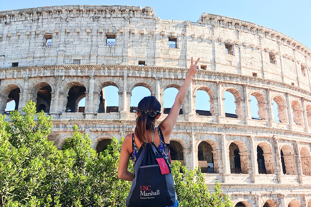 USC student Laura Yin at the Colosseum in Rome, Italy during Spring 2017, participating in USC's international engagement and study abroad programs.