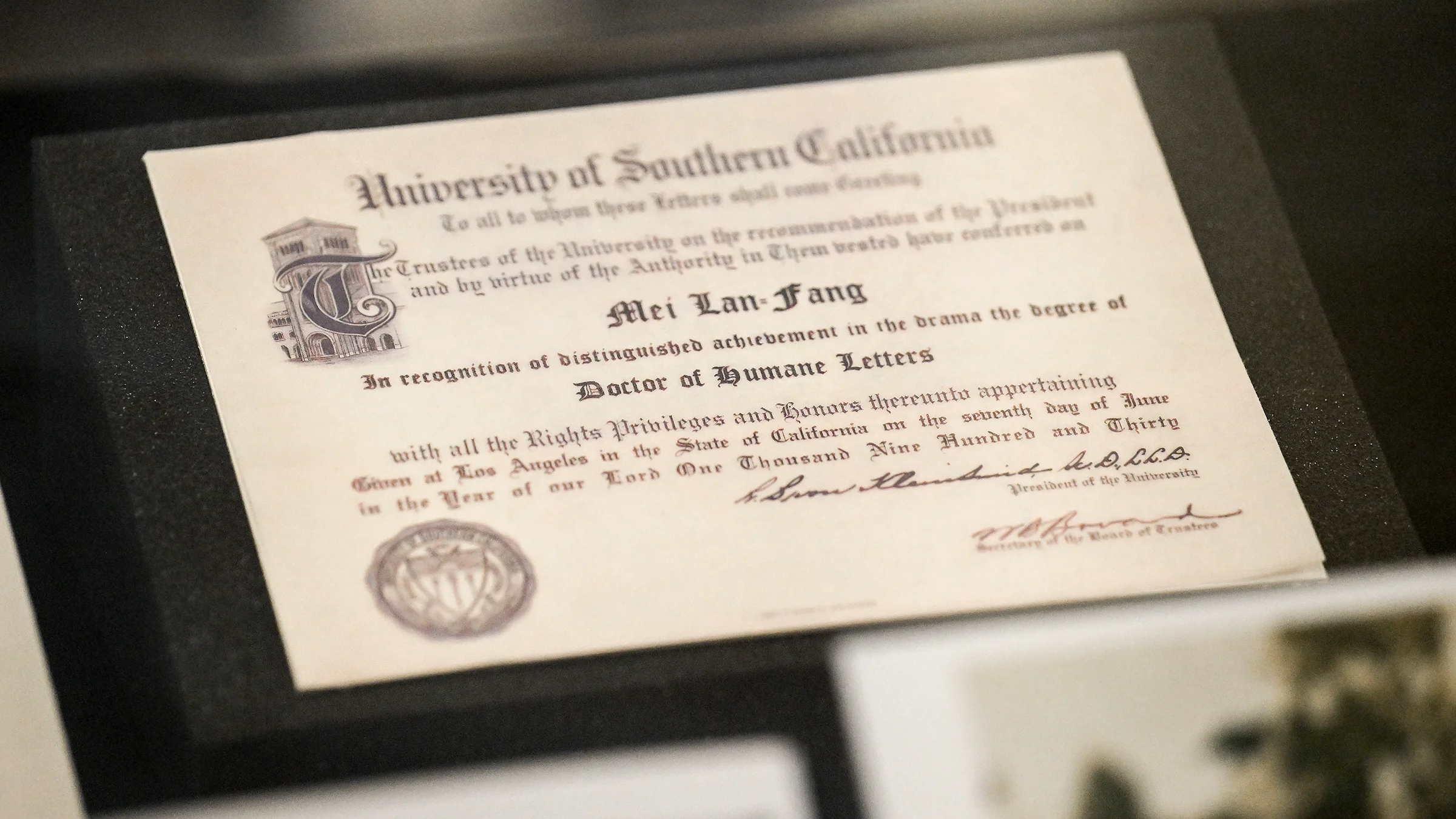 A full-scale replica of Mei Lan-Fang’s USC diploma is on display at USC for the first time. (USC Photo/Gus Ruelas)